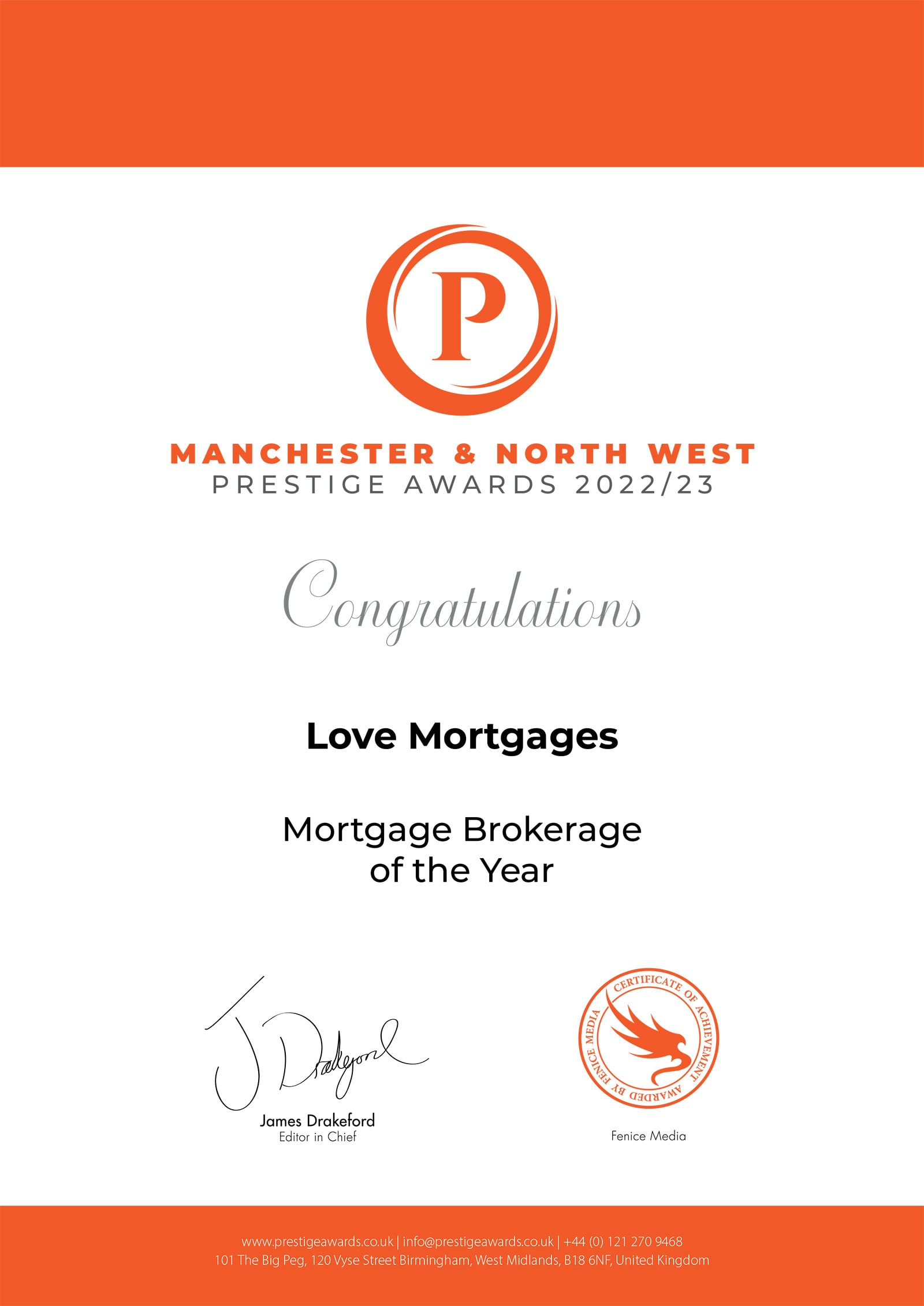 Award Winner Certificate - Love Mortgages Flintshire and Chester